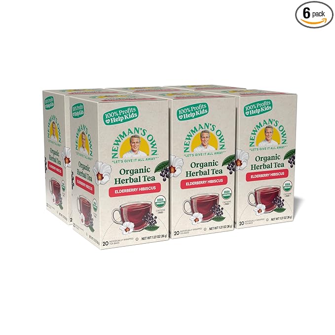 Newman's Own Organic Elderberry Hibiscus Tea Containing Healthy Antioxidants with 20 Individually Wrapped Tea Bags Per Box (Pack of 6) USDA Certified Caffeine Free Brew Hot/Cold