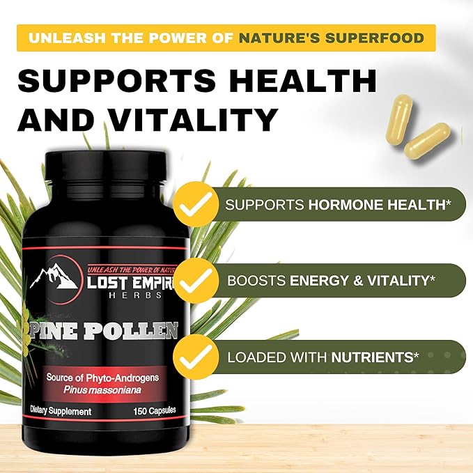 Pine Pollen Capsules - Non-Irradiated Wild Harvested Cell Wall Cracked Powder - Supplement Great for Men and Women for Energy Vitality and Immunity (150 Capsules)
