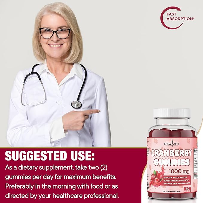 NEW AGE Cranberry Gummies Urinary Tract Health Gummies 1000mg - Supports Bladder Kidney UTI - Vegetarian (Cranberry 120 Count)