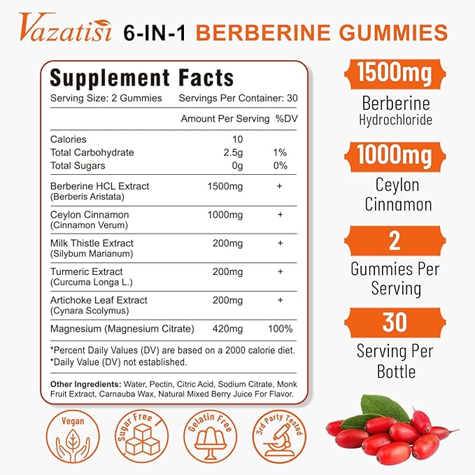 2 Pack 1500mg Berberine Gummies High Potency Berberine Supplement with Ceylon Cinnamon Gummies Turmeric Magnesium Sugar Free Non-GMO Gluten-Free - Mixed Berry Flavored 120 Gummies