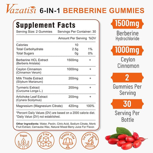 2 Pack 1500mg Berberine Gummies High Potency Berberine Supplement with Ceylon Cinnamon Gummies Turmeric Magnesium Sugar Free Non-GMO Gluten-Free - Mixed Berry Flavored 120 Gummies