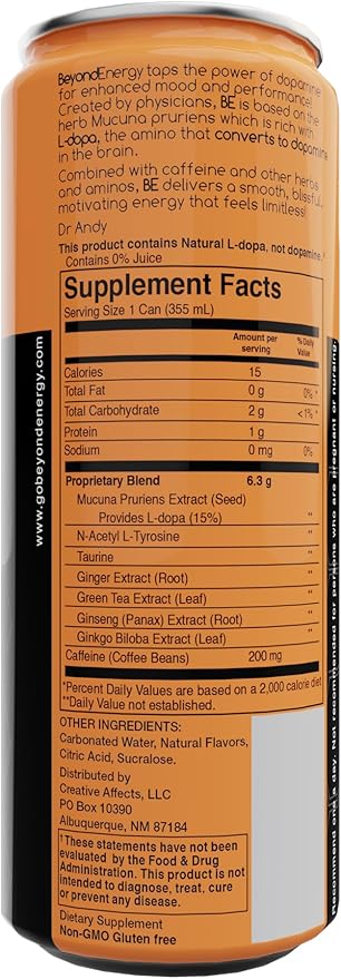 Variety Pack - Herbal Energy Drink with Naturally Sourced L-Dopa Amino Acids &amp Antioxidants 200mg Caffeine - Assorted Flavors 36 Cans (Dark Berry Mango Blood Orange)