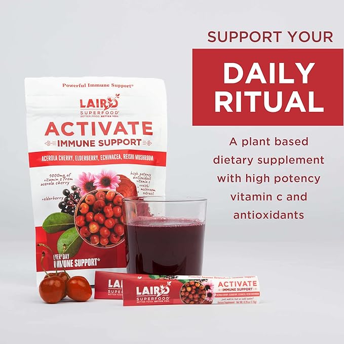 Laird Superfood Activate Immune Support Powder Drink Supplement 1000 mg of Vitamin C from Acerola Cherry Elderberry Echinacea and Reishi Mushroom 7.75 Gram Stick Pack of 10
