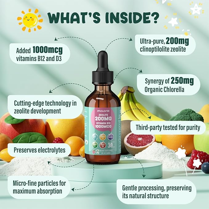 Zeolite Detox for Kids and Adults 200mg Zeolite Liquid Drops with 1000mcg Vitamin B12 Organic Chlorella 10 billion CFU &amp Prebiotics for Gut Support &amp Speech Immune Bone Energy* Strawber