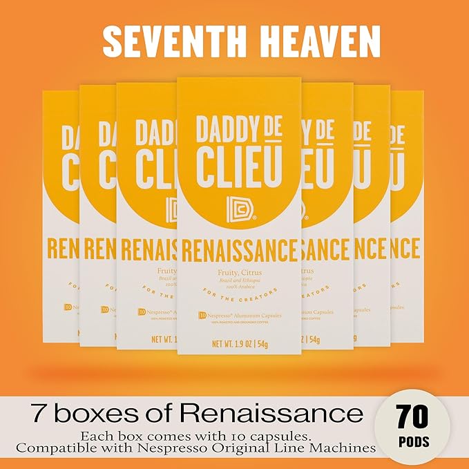 Daddy De Clieu Renaissance Coffee Pods (Sweet &amp Balanced Brazil and Ethiopia 100% Arabica Blend) Compatible with Nespresso Original Line Machines Recyclable Aluminum Capsules 70 Count