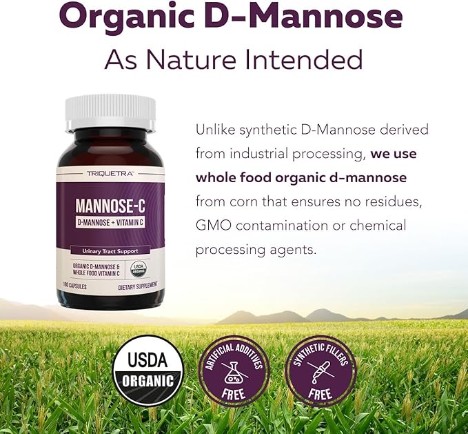 Mannose-C - Organic D-Mannose + Whole Food Vitamin C Natural UTI Support Supplement to Flush &amp Cleanse Urinary Tract Certified Organic Urinary Health for Women Vegan Non-GMO (180 Count)