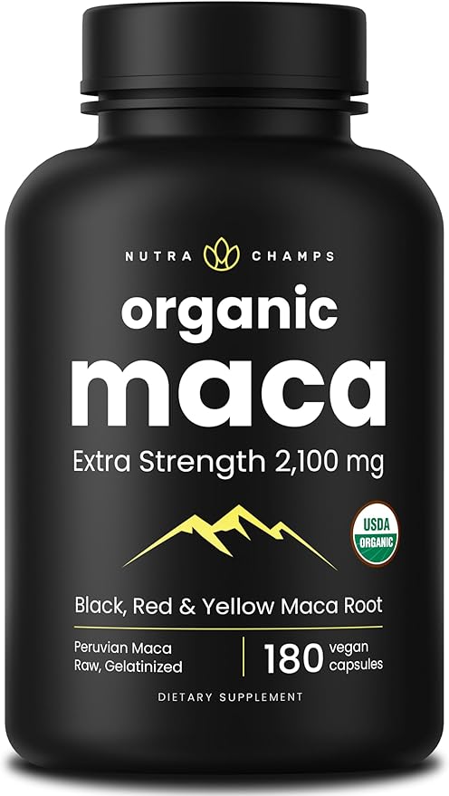NutraChamps USDA Organic Maca Root Capsules for Women &amp Men 2100mg 180 Capsules Black Red &amp Yellow Peruvian Maca Peruana Extra Strength Pure Premium Gelatinized Root Powder Supplement