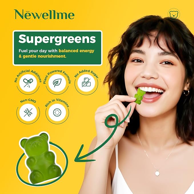 NEWELLME Super Greens Gummies Delicious Daily Greens Multivitamin Gummy Bears with Superfoods Fiber &amp Probiotics for Gut Health Energy &amp Immune Support Sugar Free 28 Grab-and-Go Packs