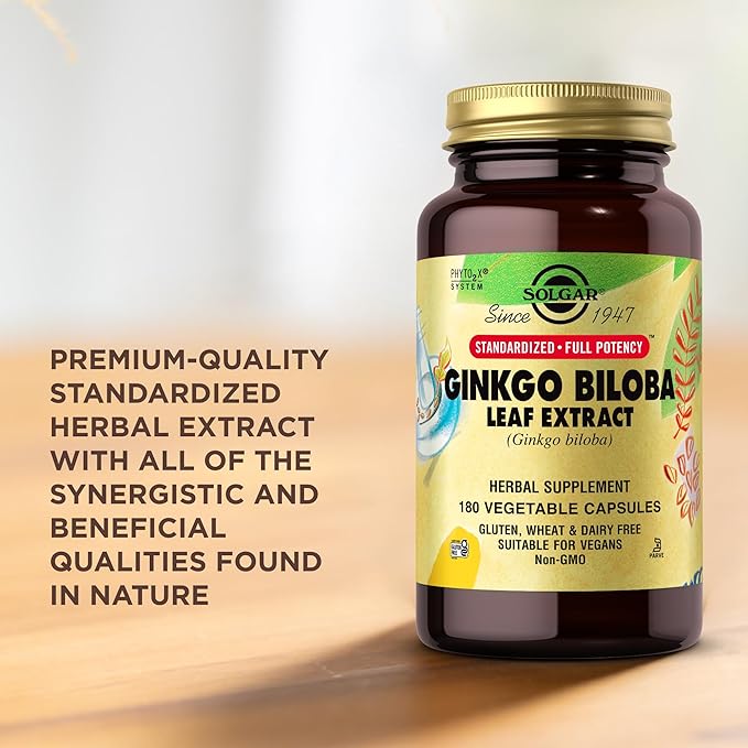 Solgar Ginkgo Biloba Leaf Extract - 180 Vegetable Capsules - Standardized Full Potency (SFP) - Non-GMO Vegan Gluten Free Dairy Free Kosher - 180 Servings