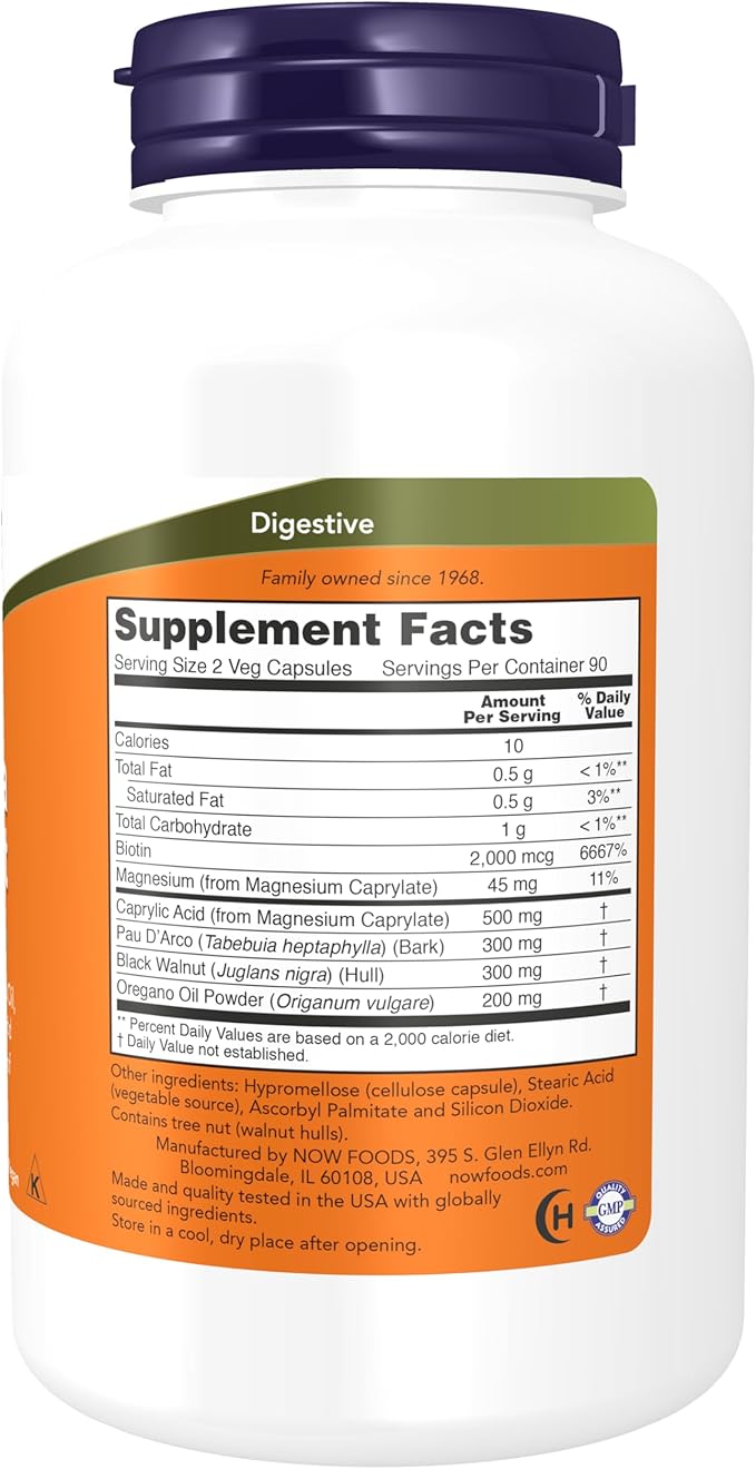 NOW Supplements Candida Support with Pau D'Arco Oregano Oil Black Walnut &amp Caprylic Acid 180 Veg Capsules