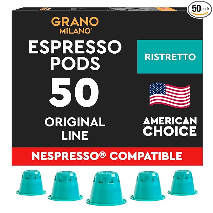 Grano Milano Ristretto - 50 Espresso Pods Compatible with Nespresso Original line Medium Roast - Intensity 10/12 Espresso Coffee Capsules Made in Italy