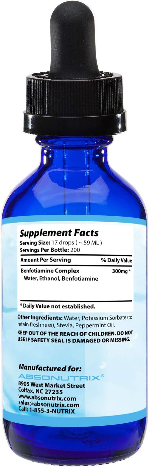 Absonutrix Benfotiamine Complex 300 mg 4 Fl Oz Bottle 200 Servings High Bioavailability Potent Ingredients Quick Absorption Cruelty-Free Non-GMO Third-Party Tested GMP-Certified Made in USA
