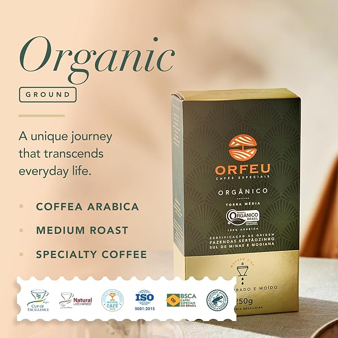 ORFEU - Special Ground Coffee - 100% Arabica Roasted &amp Ground Medium Roast - Chocolate and Caramel Sensory Notes - Velvety High Sweetness Medium Acidity - Organic 8.8 oz