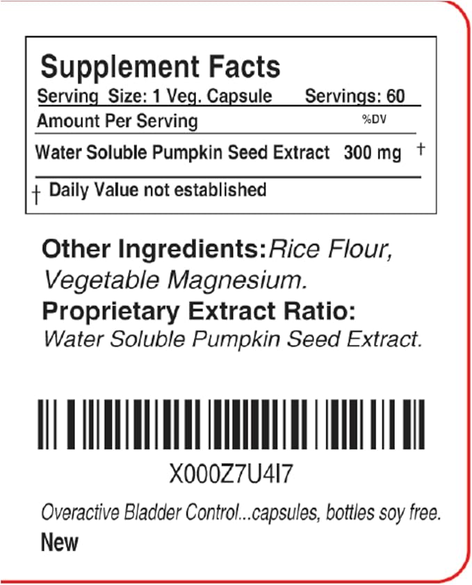 Overactive Bladder Control for Women and Men Support Frequent Urination Nocturia or Incontinence 60 Vegetarian Capsules 1 Bottle Soy Free Pumpkin Seed Extract Supplement