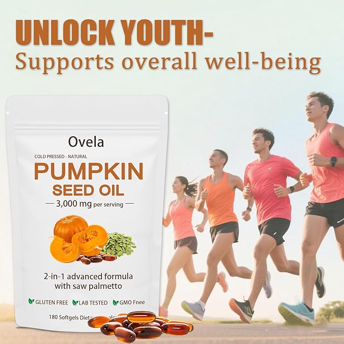 Ovela Pumpkin Seed Oil Capsules with Saw Palmetto Organic Pumpkin Seeds Oil Supplement for Hair Growth Heart Skin Elasticity Cold-Pressed | Non-GMO | Gluten Free | 180 Softgels (1)