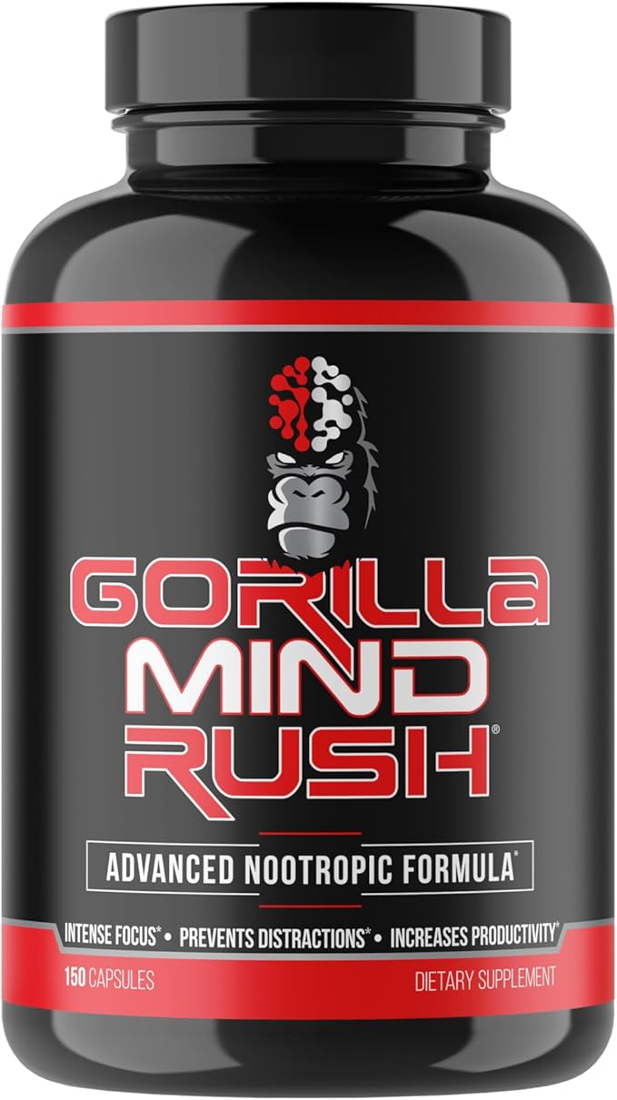 Gorilla Mind Rush - Nootropic Supplement | Intense Focus · Insane Productivity Cognitive Health Support Memory Focus Concentration Clarity | 150 Capsules