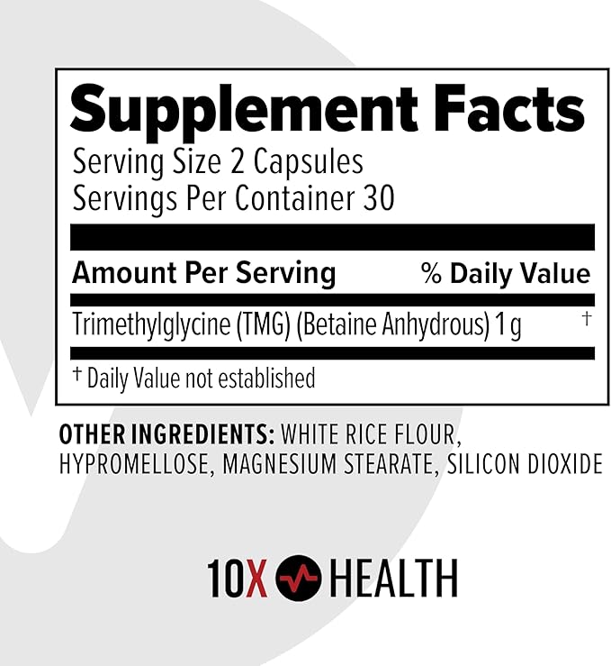 10X Health TMG Supplements - Trimethylglycine Supplement for Liver Support Heart Wellness Energy Homocysteine Levels - TMG Capsules with Betaine Anhydrous - Non-GMO &amp Gluten-Free - 60 Capsules