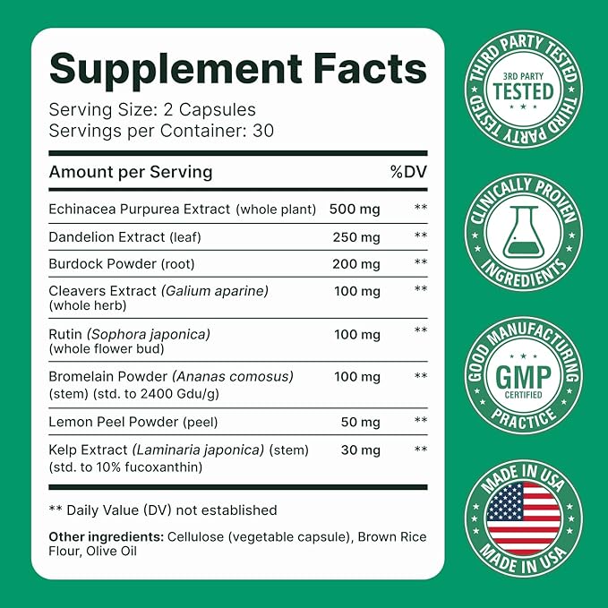 Lymphatic Drainage Supplement – Lymphatic Drainage Capsules with Dandelion Burdock Cleavers &amp Echinacea Supports Bloating Fluid Balance &amp Daily Lymphatic Wellness – 60 Capsules