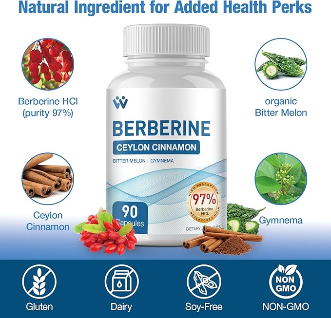 Berberine Supplement 1500mg - Berberine with Ceylon Cinnamon Berberine HCl 97% Purity Complex Supplements Non-GMO Vegan - 180 Capsules