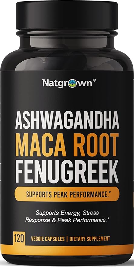 Natgrown Ashwagandha Maca Root Fenugreek Extract Capsules Supplement for Men &amp Women - Vegan Pills - (120 Count)