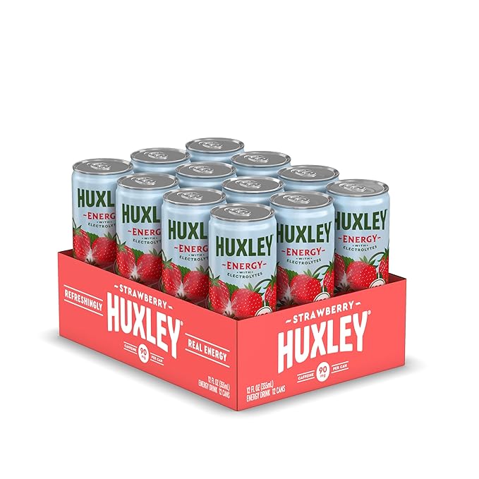 Huxley Superfruit Energy Drink Strawberry 90mg Natural Caffeine Electrolytes for Hydration 100% Real Ingredients 5g Organic Cane Sugar No Artificial Sweeteners or Flavors L-theanine for Sustain