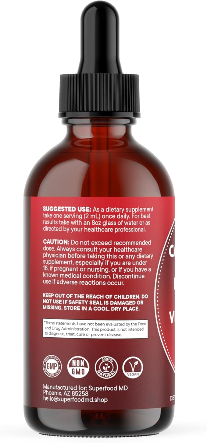 Cayenne Pepper Supplement Liquid Drops + Hawthorn Berry Vitamin D3 K2 Beet Root Powder Ceylon Cinnamon Turmeric Curcumin Organic Panax Ginseng - 4 OZ