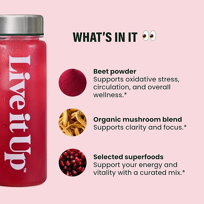 LIVE IT UP | Feel the Beet: Beetroot Powder with Superfood Vitality Blend | Supports Energy Endurance and Clarity | Contains Ginkgo Beetroot Plant-Based Nitrates Antioxidants and Adaptogens
