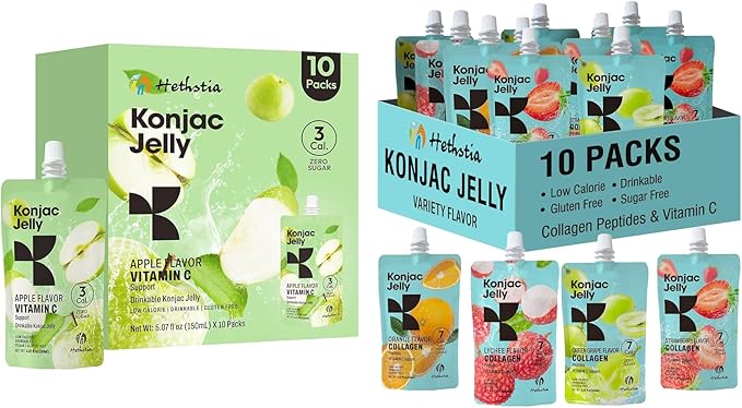 Hethstia Konjac Jelly Collagen Peptides Various Flavors and Konjac Jelly Apple Flavor – 10 Packs Drinkable Fruit Jelly Squeeze Pouches