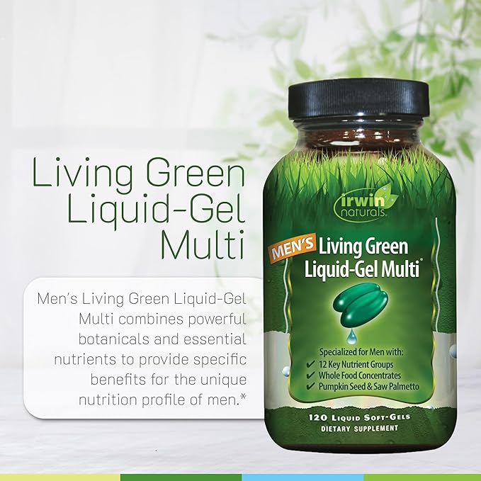 Irwin Naturals Men's Living Green Liquid-Gel Multi - 70 Essential Nutrients Full-Spectrum Vitamin Supplements for Men Wholefood Blend - Promotes Brain &amp Adrenal Support - 120 Liquid Soft-Gels