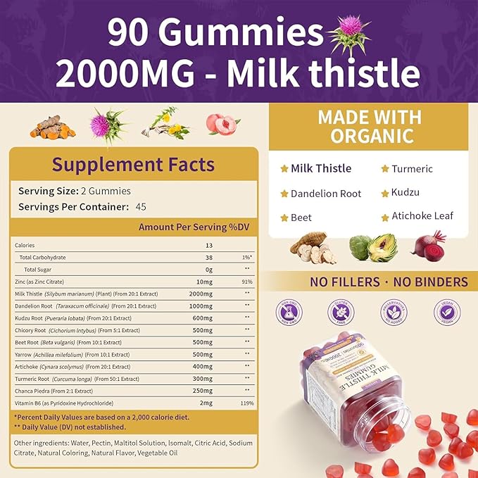 Milk Thistle Gummies with 2000MG Extract Liver Health Support Gummies Silymarin Milk Thistle Supplement with Artichoke Dandelion Turmeric Curcumin No Sugar for Adults Vegan 90 Count