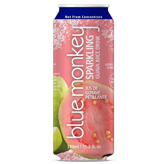 Blue Monkey Sparkling Guava Juice - Real Fruit Juice No Sugar Added All Natural Lightly Carbonated Halal Certified - Refreshing Tropical Sparkling Water Alternative - 11.2oz (330ml) 12 Pack (11.2o