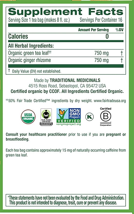 Traditional Medicinals Organic Green Tea Ginger Herbal Tea Promotes Healthy Digestion (Pack of 4) - 64 Tea Bags Total
