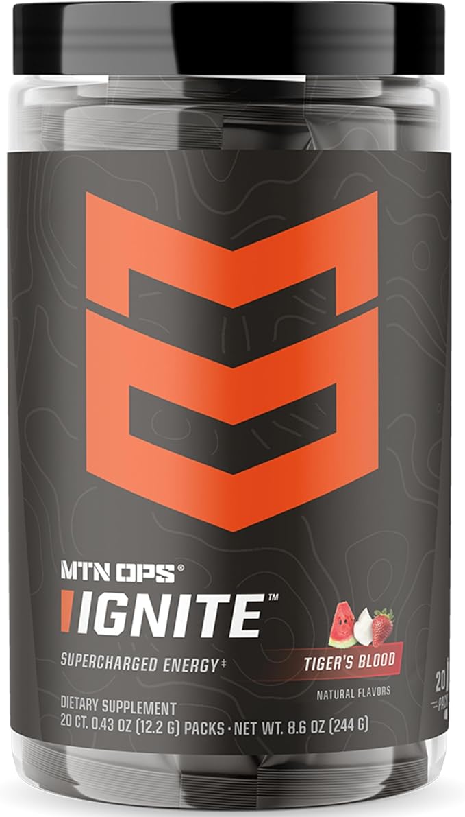 MTN OPS Ignite Sugar Free Energy Drink Powder Trail Packs with 200mg Caffeine Travel Pre Workout Packets for to-Go Energy Nootropic Blend L Arginine &amp L Citrulline 20 Servings Tiger's Blood