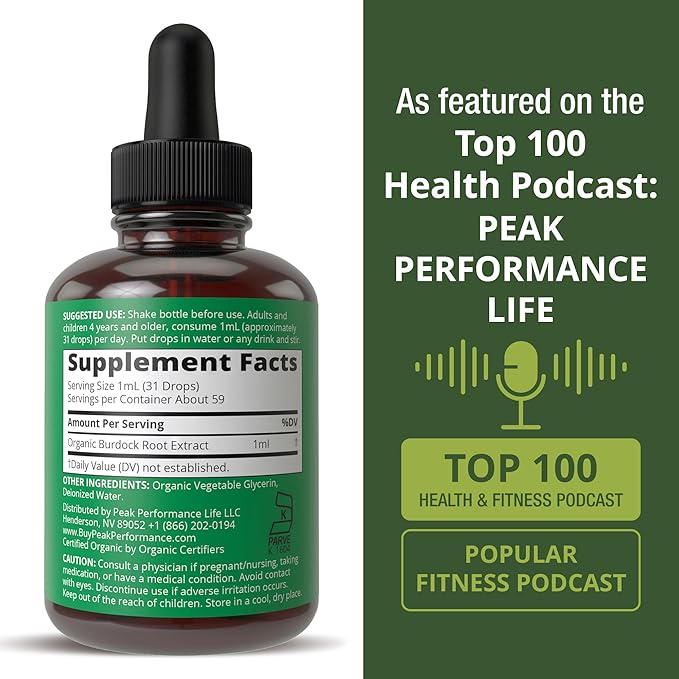 Peak Performance USDA Organic Burdock Root Liquid Drops Supplement - Vegan Extract Oil Herb Tincture for Women and Men - Zero Sugar Gluten Free Non-GMO Supplements - 2 fl oz