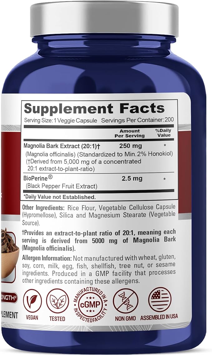 NusaPure Magnolia Bark 20:1 Extract 250 mg Equivalent to 5000 mg 200 Vegan Vegetarian Capsules Non-GMO