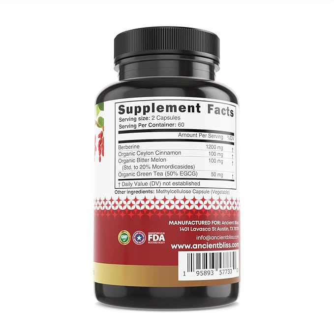 Ancient Bliss Berberine HCL 1200mg with Ceylon Cinnamon Bitter Melon and Green Tea Extract - 120 Capsules