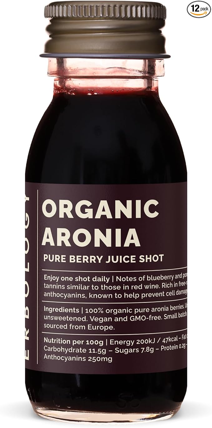 Erbology Organic Aronia Berry Juice 12 Daily Shots (2 fl oz) - Glowing Skin - Rich in Anthocyanins - Straight from Farm in Europe - Undiluted - No Added Sugar - Non-GMO - Recyclable Glass Bottle