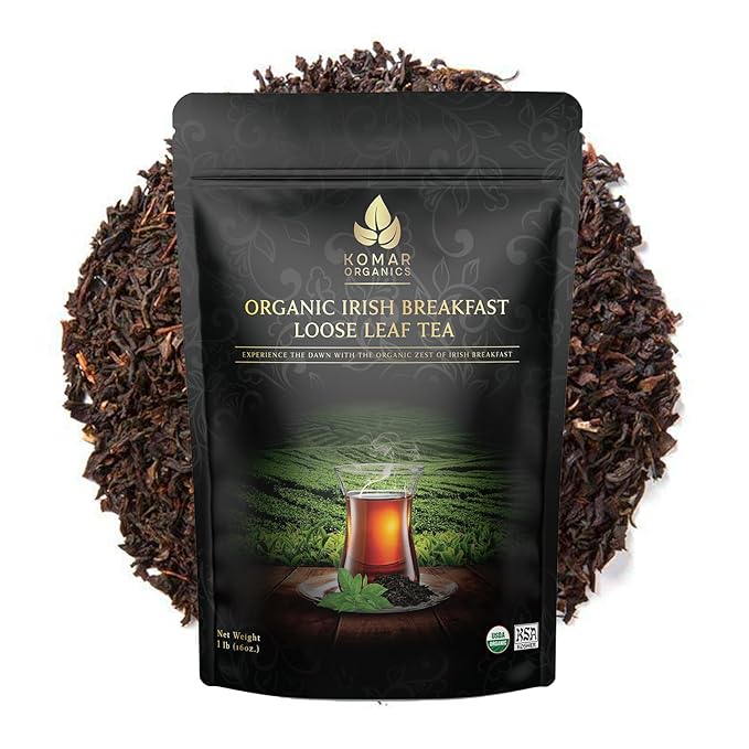 Komar Organics Irish Breakfast Tea – 16Oz USDA Organic Black Loose Leaf Tea – Certified Kosher Ceylon and Assam Black Tea Loose Leaf Rich in Antioxidants – Energy Boosting Organic Black Tea for Mornin