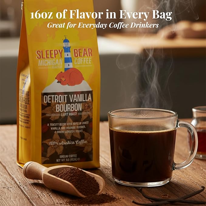 Sleepy Bear Detroit Bourbon Vanilla Ground Coffee - Light Roast Flavored Coffee Ground and Roasted in Michigan No Added Sugar 16oz Reclosable Bag (1 16 oz)