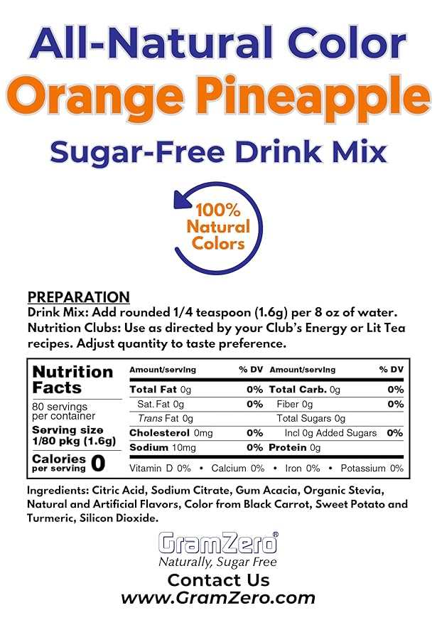 GramZero Orange Pineapple Zero Calorie Sugar Free Drink Mix Great For Nutrition Club Loaded Tea Stevia Sweetened