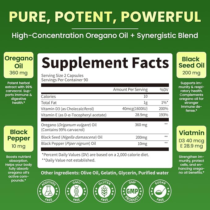 Organic Oregano Oil Capsules with Black Seed Oil Ultra-Concentrated 99% Carvacrol 5-in-1 with Vitamin D3 E Black Pepper Immune Respiratory Digestive &amp Antioxidant* 180 Softgels Easy to Swal