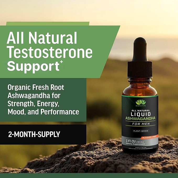 BIOACTIVE Liquid Ashwagandha Supplement Drops - Testosterone Booster For Men* - Adaptogen for Stress Support Men’s Wellness - Organic Vegetarian Gluten Free Non-GMO 59 Servings (1 Oz Unflavored)
