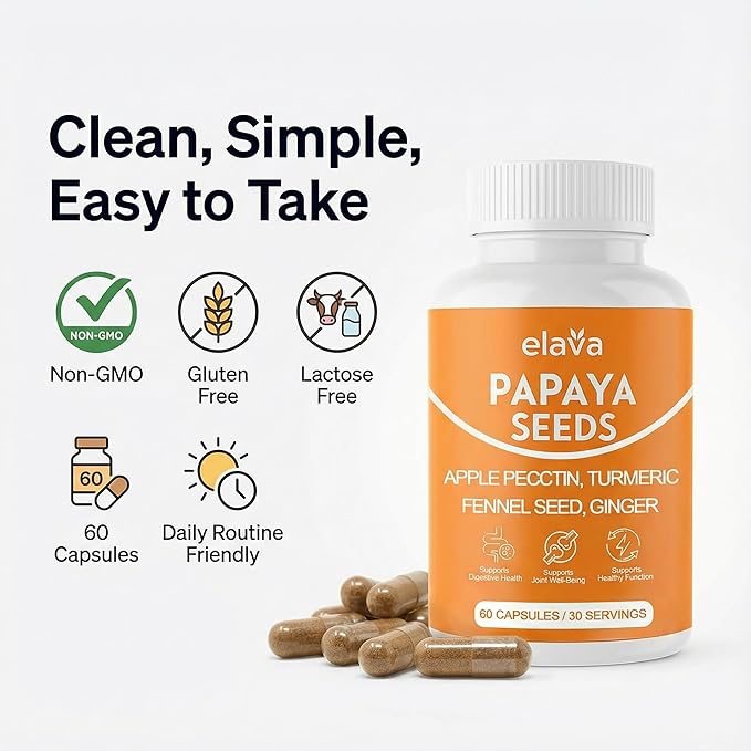 Elava Papaya Seeds Capsules Papaya Seeds Organic Digestive Herbal Blend with Turmeric Ginger Peppermint &amp Fennel Non-GMO Gluten &amp Lactose Free 60 Capsules