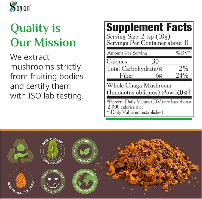 Sayan Siberian Pure Raw Coarse Chaga Powder 4 Oz / 113g – Premium Wild Forest Harvested Super Antioxidant Tea – Supports Immune System and Digestive Health – Focus Energy Clarity Wellness - Non-GMO
