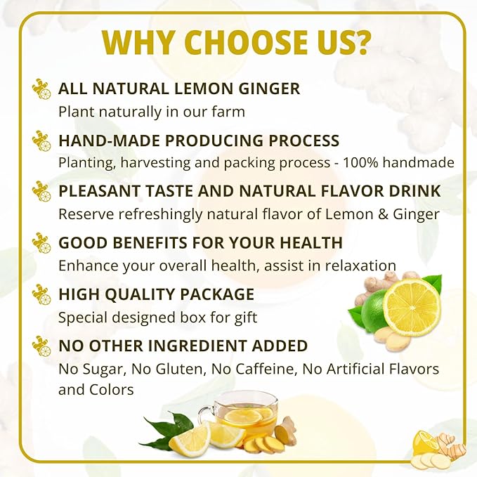VIDA FARM 100 Lemon Ginger Tea Bags 100% Natural Ingredients - Warming &amp Spicy Blend Caffeine Free Sugar Free Non-GMO Lemon &amp Ginger Herbal Tea Beverage