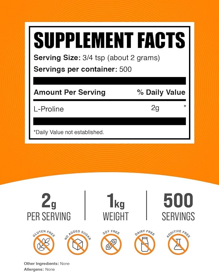 BulkSupplements.com L-Proline Powder - Proline Supplements Amino Acid Powder - Unflavored &amp Gluten Free 2g per Serving 1kg (2.2 lbs) (Pack of 1)