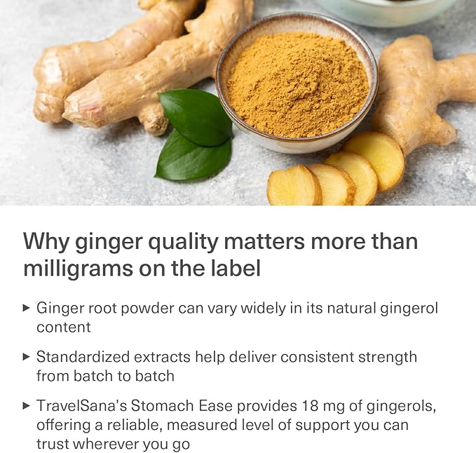 Organic Ginger Supplement | 18 mg Gingerols | 2000 mg Raw Ginger Root Powder Eq. | 10:1 Extract | Supports Stomach Comfort* &amp Motion-Related Nausea* | Travel Essentials | 30 Veg Capsules