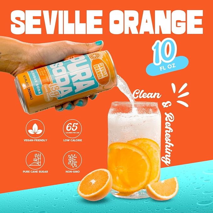 PuraSoda® Seville Orange | 65 Calories &amp 13g Pure Cane Sugar per Can | Non-GMO Vegan | Made with Pure Cane Sugar Clean &amp Refreshing | 10 fl oz (300ml) Cans Pack of 24