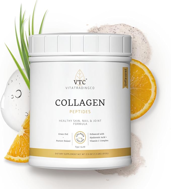 VTC VitaTradingCo. Grass-Fed Collagen Peptides Powder | Type I &amp III | Hyaluronic Acid &amp Vitamin C | Healthy Hair Skin &amp Joints | Non-GMO Paleo Keto | 30 Servings (Unflavored)