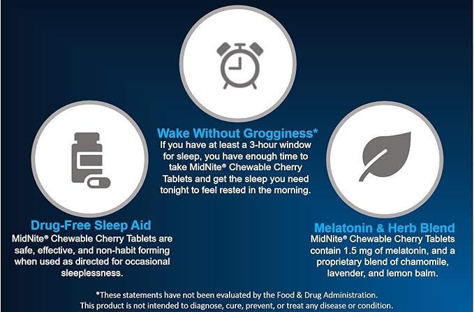 MidNite Natural Sleep Supplement 30 Count Chewable Cherry-Flavored Tablets Natural Non-Habit Forming Sleep Aid Melatonin Supplement - Twin Pack
